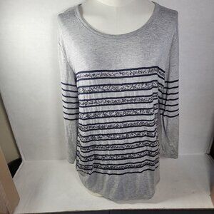 Fenn Wright Manson Casual Grey & Navy Striped Sequined 3/4 Sleeve Top Size L